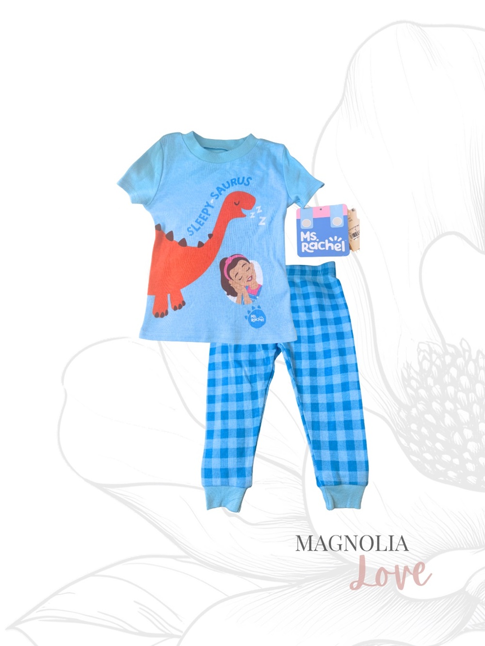 🦕 Rachel Blue Short Sleeve Sleepy Saurus Dinosaur Pajama Set w/ Orange Dino 18M